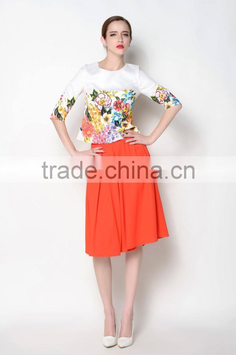 hot sell o neck floral half sleeve latest skirt and blouse for women