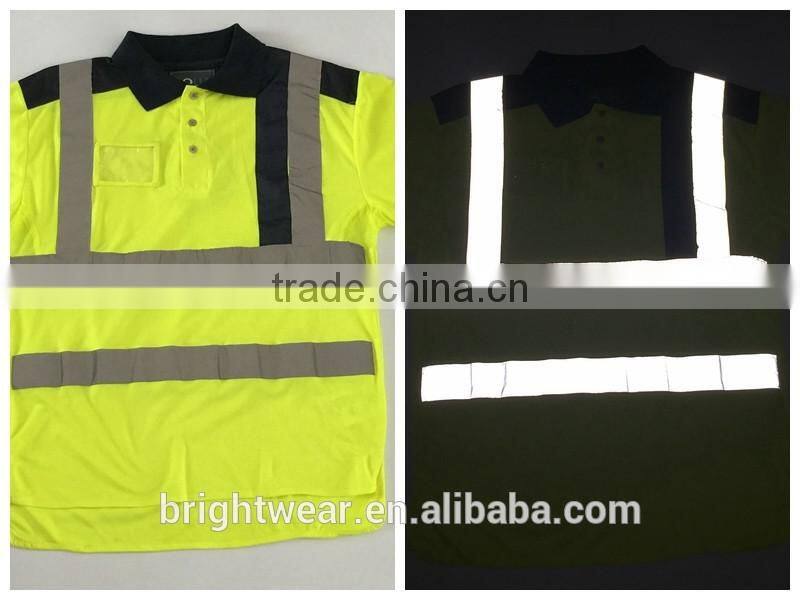 Polyester contrast high visibility safety Europe birdeye sew-on tape reflective polo shirt