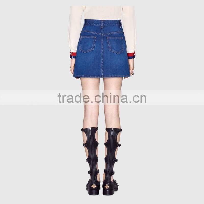2017 fashion custom high waisted girls sexy Floral Embroidered denim mini skirt Casual Fit Latest women jeans skirt