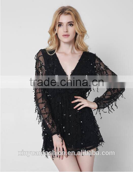 New long sleeves deep V sexy dress net yarn tassel sequins skirt summer