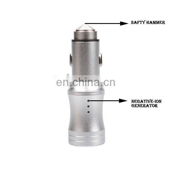 2016 promotional Dual USB Aluminum Alloy Anion Air Cleaner 3.1A Car Charger with safty hammer