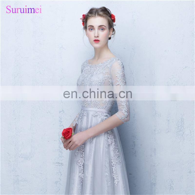 Dubai Bridesmaid Dresses Vestidos De Noite Longos Silver Appliques A Line Long Brides Maid Dresses with Sleeves