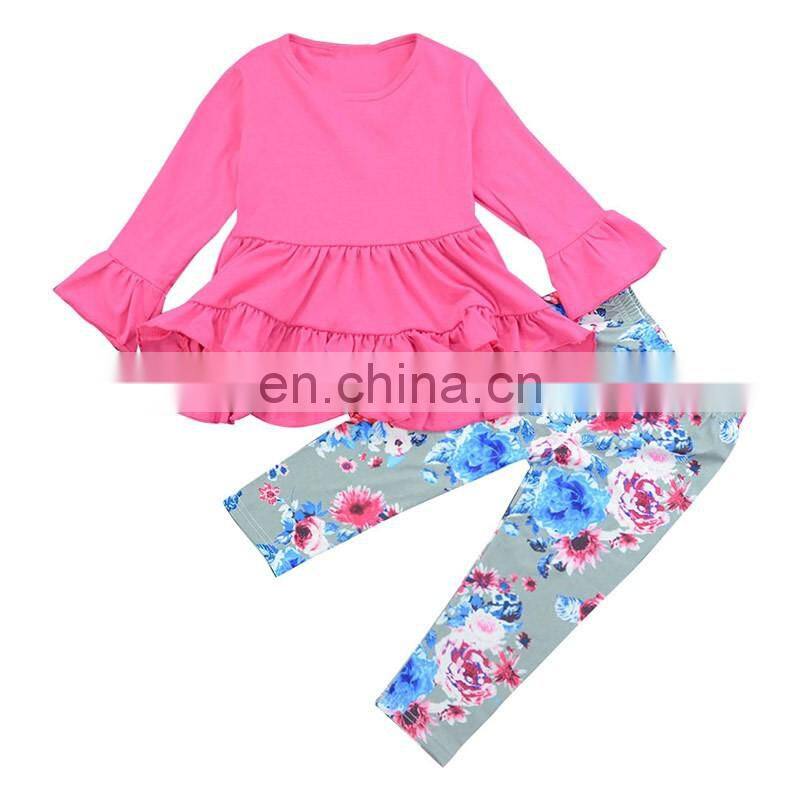 Wholesale Baby Girl Sets Fahion Design Pink Floral Ruffle Kids Girl Boutique Outfits