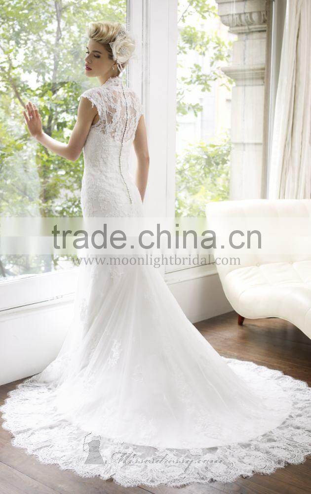 Shealth V-line Neckline Cap Sleeves Full Back over Lace Wedding Dresses with Cap Sleeves