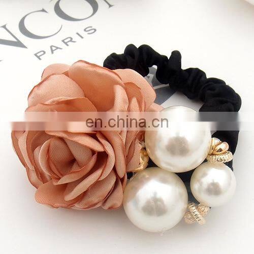 Women Fashion Style Big Rose Flower Pearl Rhinestone Hair Bands Elastic Hair Rope Ring Hair Accessories