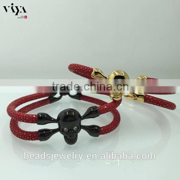 2016 New Coming Stingray/ Python Leather Genuine Leather Bracelet With Skull Clasp Made In China