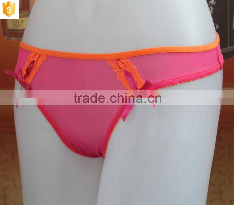 Satin bow sexy lace panty,pink women thong ubderwear