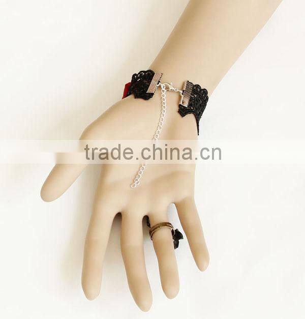 Lace Bracelet Ring Big Red Flower Charm Alloy Ring Chain Black Bracelet Chain
