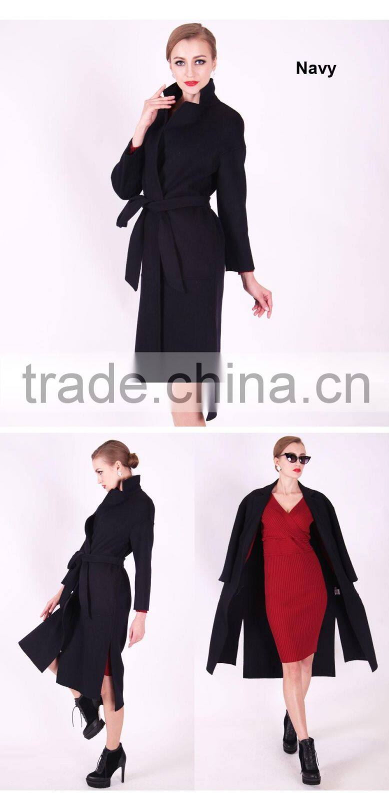 2016 New Design Spring Women Length Slim Fit Wool Trench Coat With Belt