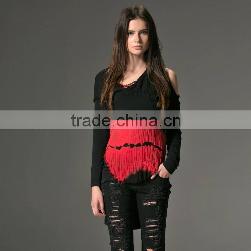 PT-042 black and red color V-neck one shoulder high-low hemline T-shirt