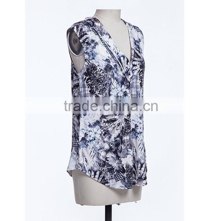Latest designs New style spandex printed sleeveless lady blouse & top for women