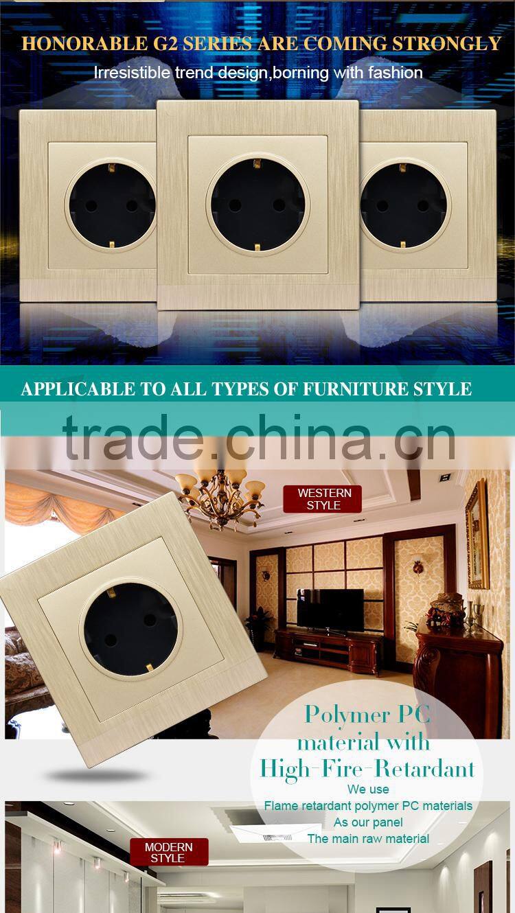 European standard luxury style gold pc panel 2 pole pin socket outlet and plug