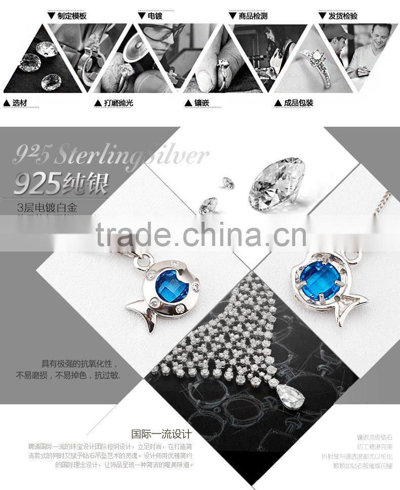 OUXI britainic Style blue crystal fish 925 sterling silver necklace Y30153