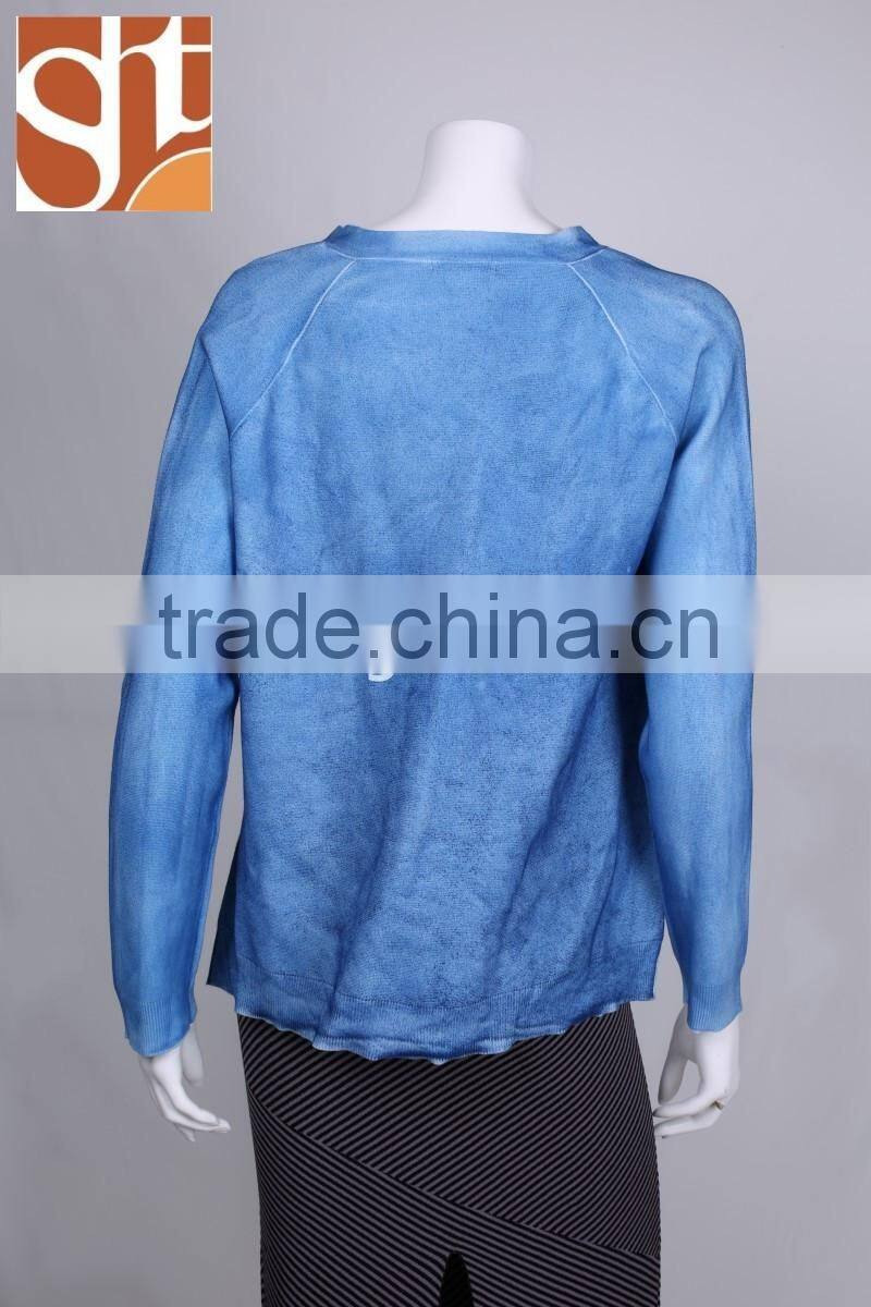 Famous products womens' V neck long sleeve cardigan cotton knitted sweater with button &spray print