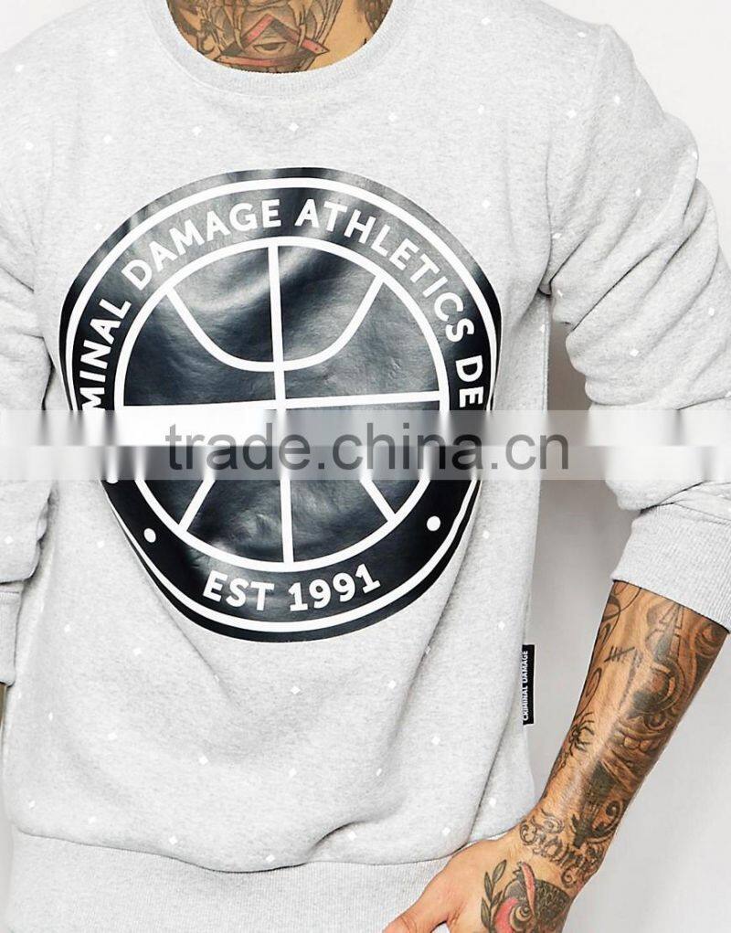 casual style high quality pullover printed white cotton men crew neck sweatshirt