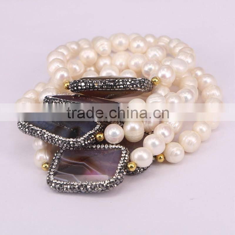 Natural Freshwater Pearls Beaded Jewelry Bracelets, Pave Crystal Agate Gem stone Connector Druzy Bracelet For Women