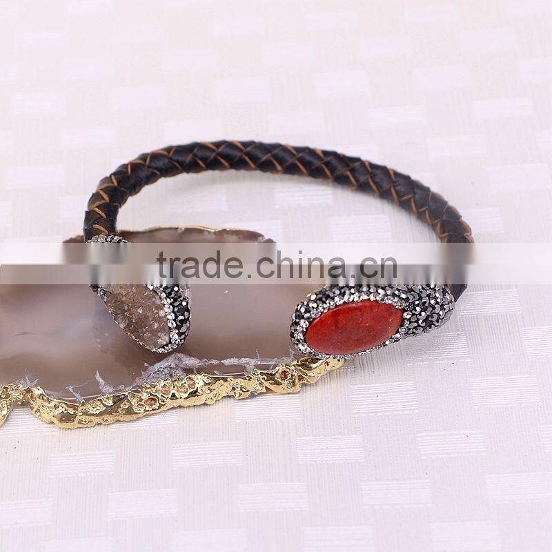 Natural Freshwater Pearl and Red Corall Bangle Bracelet, Crystal Zirzon Paved Leather Cord Druzy Jewelry Bracelets