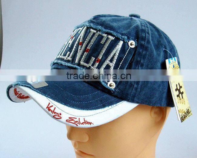 fashion denim fabric cap distressed applique embroidery cap