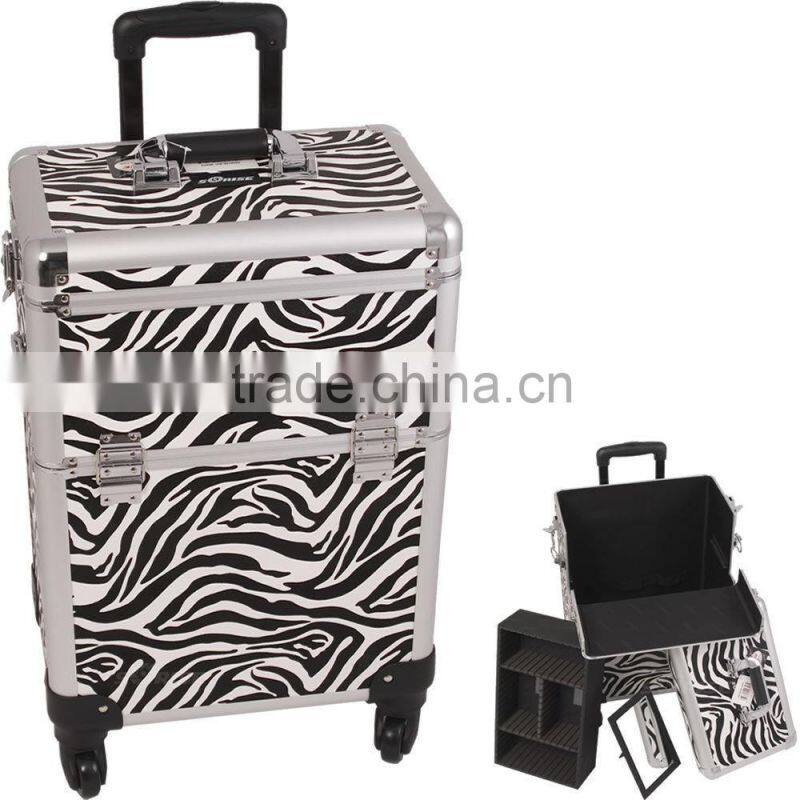 Zebra Pattern Professional Aluminum Rolling Cosmetic Case Makeup 4-Wheel Trolley
