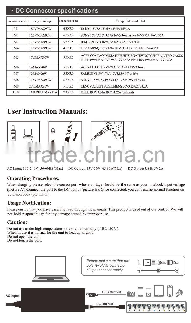 Newest design 10pins 90w universal laptop ac adapter with 2.0 USB port