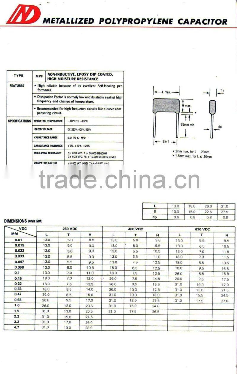Metallized polypropylene film 0.47uf 0.22uf 474k 224k and capacitor 105k 400v