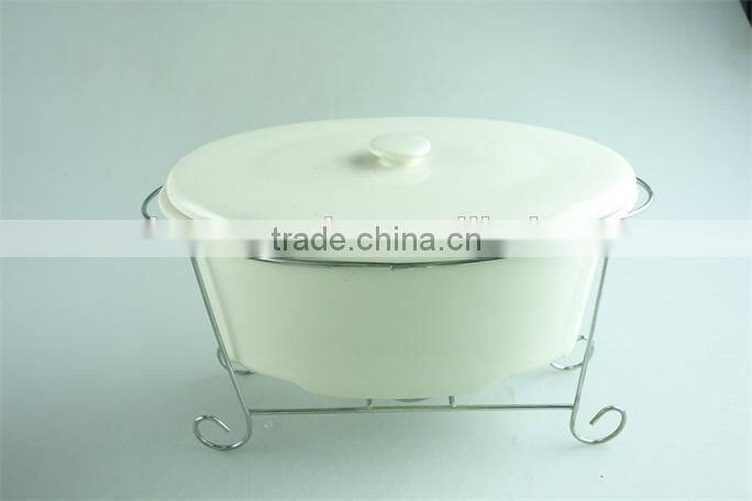 stock white oval ceramic soup tureen with cover and steelness parts, color gift box for promotion