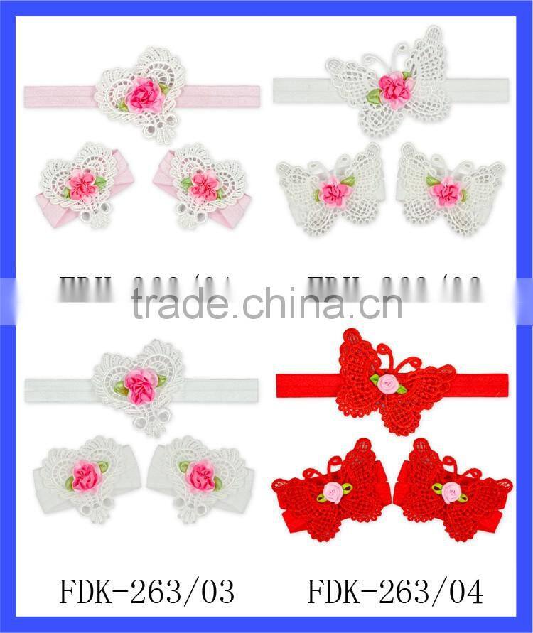 Infant Girls Boutique 1 Headband And 2 Anklet Embroidery Butterfly Bow Headband Set