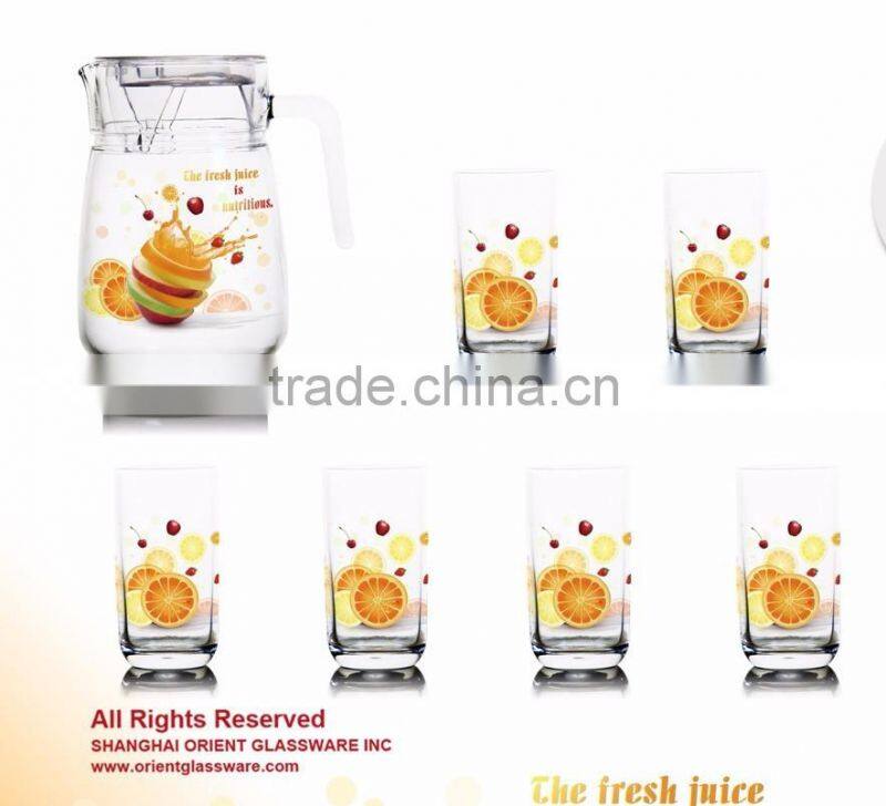 classic Glass water jug 1400ml fruit color printing glass jug set and water glass jug set and glass carafer and juice decanter