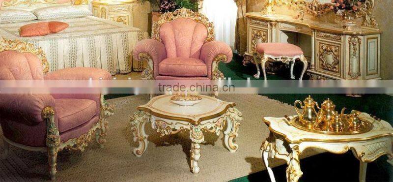 Luxurious Elegant Rococo Designed Carving White and Golden Tufted Crown Bed with Nightstand and Dressing Table BF12-05254f