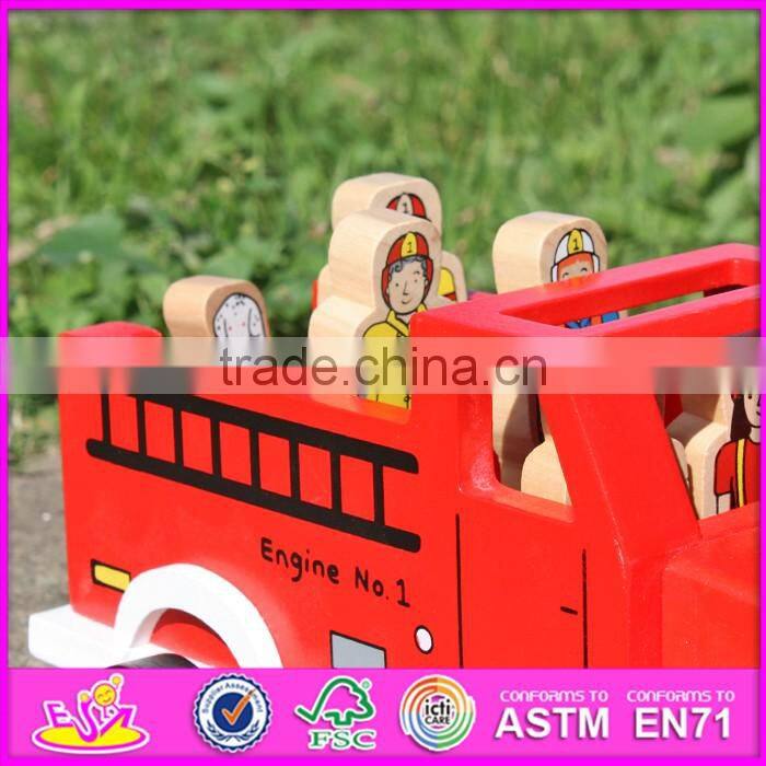 2017 New products dog and four firemen wooden toy fire trucks W04A315