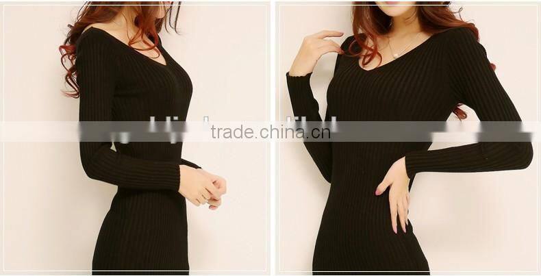 2016 Customized manufactorying korean style long sleeve V neck knitted ladies dress