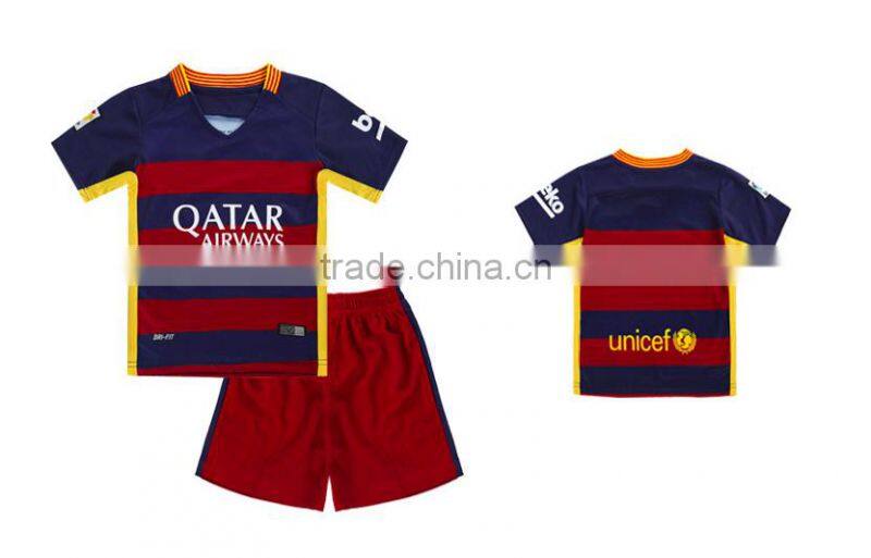 OEM kids soccer jersey single jersey uniforms, 100% polyester barcelona soccer jersey