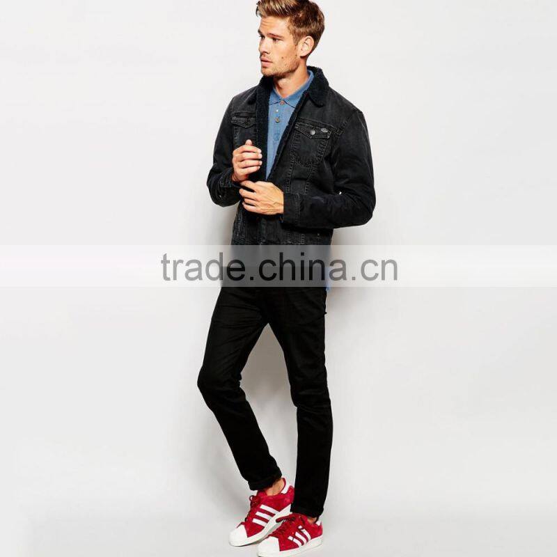 fashion wholesale mens black denim jacket with fleece collar