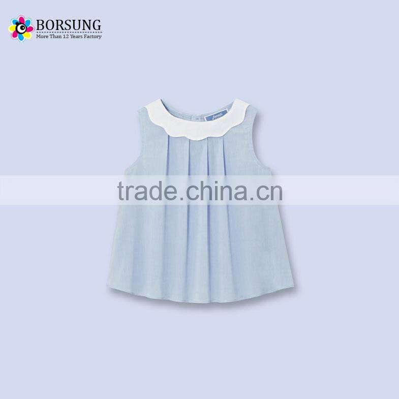 2017 wholesale fashion latest styles children clothes blue sleeveless ruffle designs blouse/shirts
