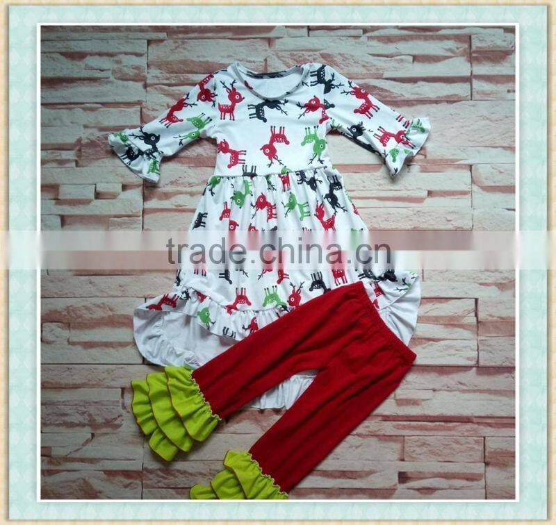 Children latest fashion dress designs white flutter sleeve print deer christmas dress toddler girl dress