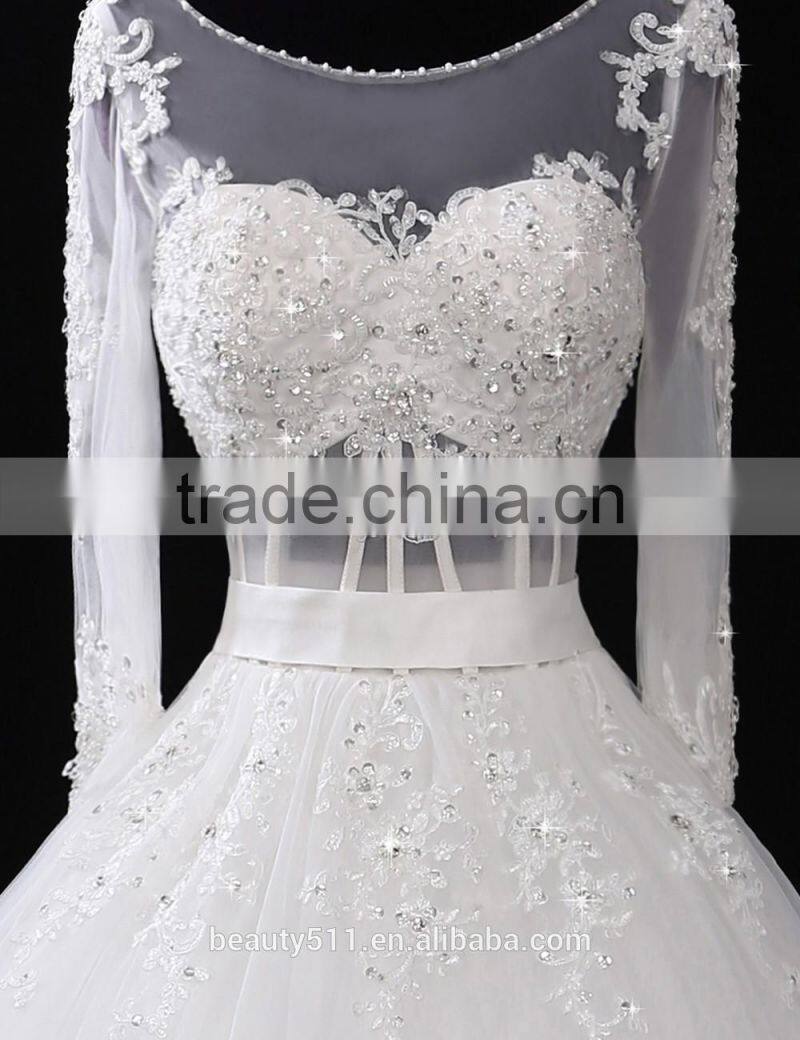 2017 Hot Sale Bridal Wedding Dress V-neck long sleeves Beaded Sweetheart Nackline Mermaid Lace wedding dress F12802