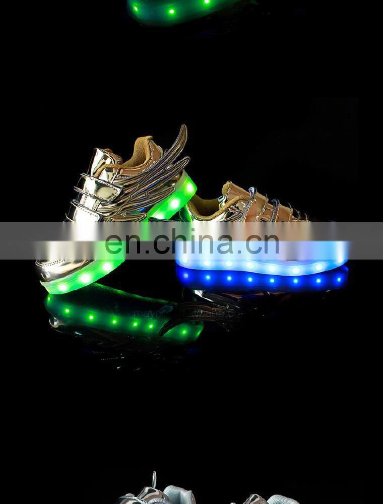 Wholesale hot sell Mirror-PU leather Led light up kids Wings shoes Children Led shoes sneakers with USB rechargeable