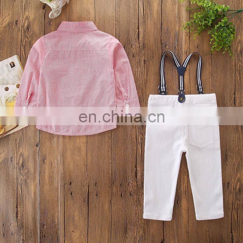 Baby Boy Gentry Outfit Kids Stripe shirt + white suspender pants 2PCS Set for 2-7T