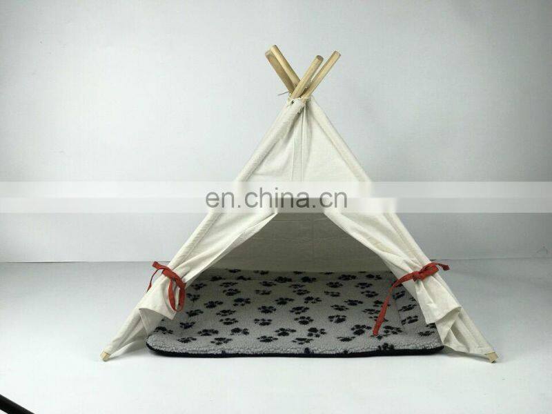 Pet Teepee Tent for Dogs Cats Portable Foldable Cotton Canvas Pets House Bed for Rabbit Puppy 4 Poles Pine Wooden with Floor Whi