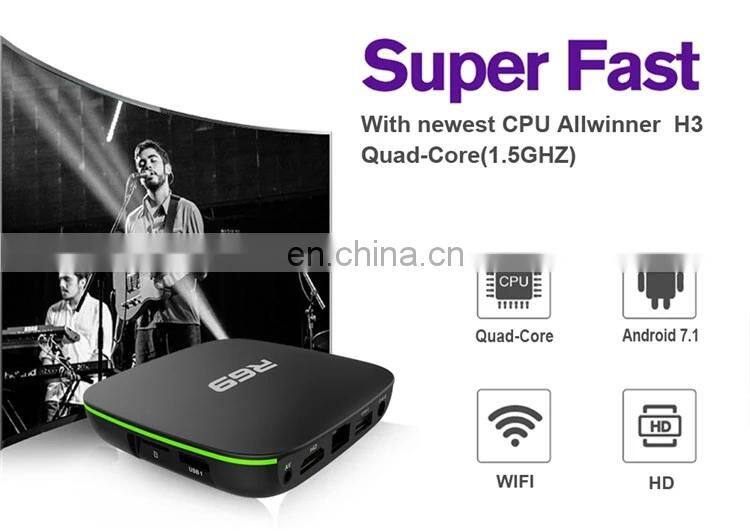 Hot selling Allwinner H3 chip android tv box 1/2GB 8/16GB R69 with 2.4G wifi android smart tv box