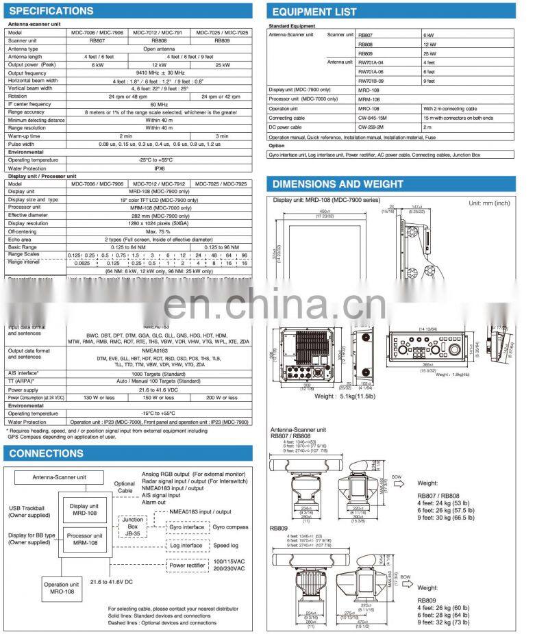 Marine electronics navigation communication koden MDC-7920 7925 96NM 25KW 19'' open array antenna X BAND vessel marine radar