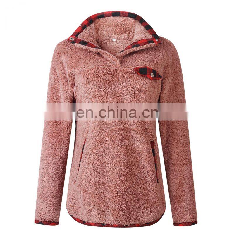 Factory Wholesale Hot sale 2020 Autumn and winter fashion lattice splice pocket button blouse home sweater home comfortable out