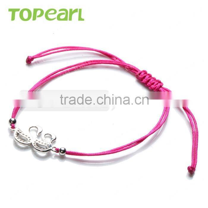 Topearl Jewelry Cubic Zirconia 925 Sterling Silver Beads Swan Couple Charm Hand-knitted Bracelet 9SB08