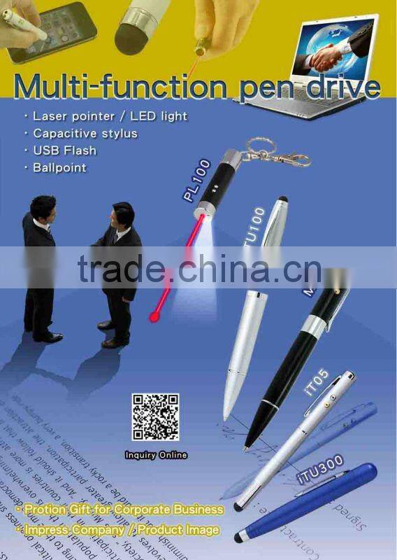 Multi Function Pen Drive , Capacitive Stylus with Laser Pointer Led Light USB Drive , best selling 2014