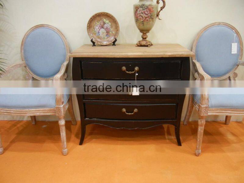 Black paint rustic French reproduction birch wood drawer cabinet