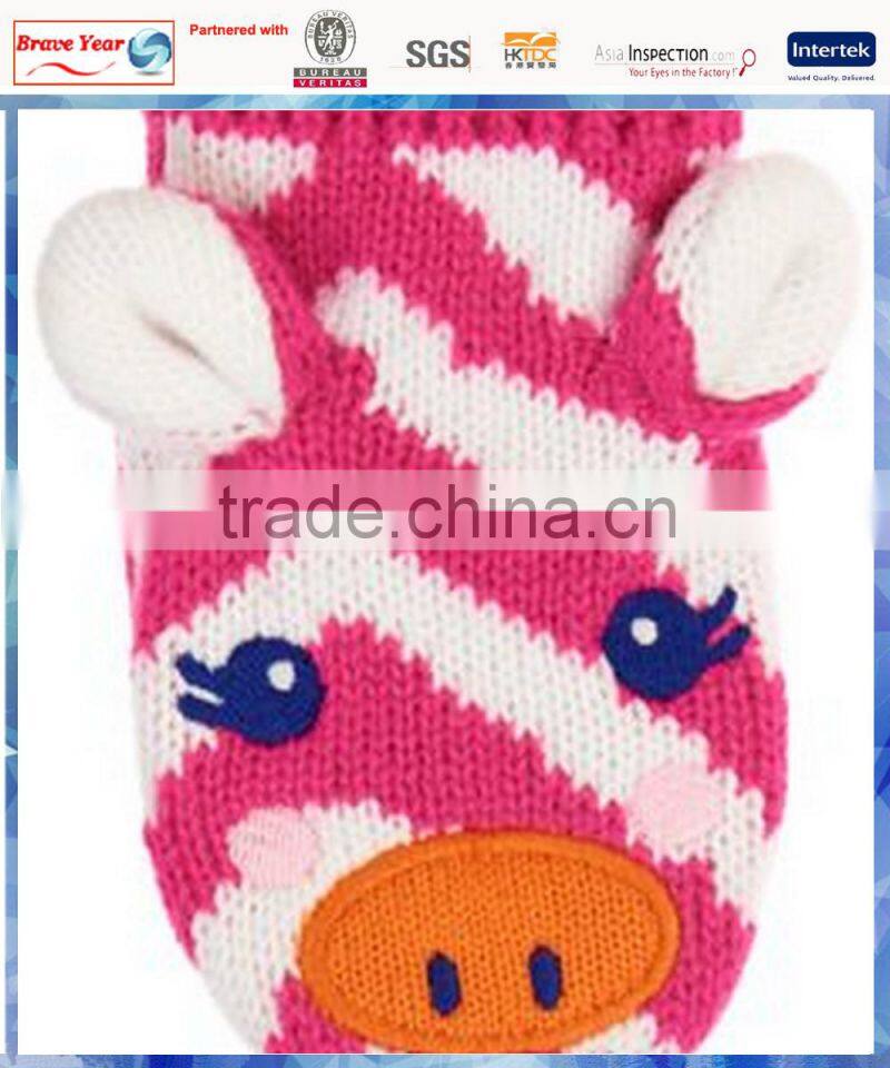 zebra stripe warm knit gloves with 3D ears for kids