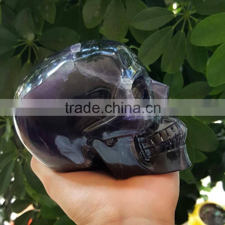 Customize Hand Carved Purple Fluorite Quartz Crystal Skull for Sale