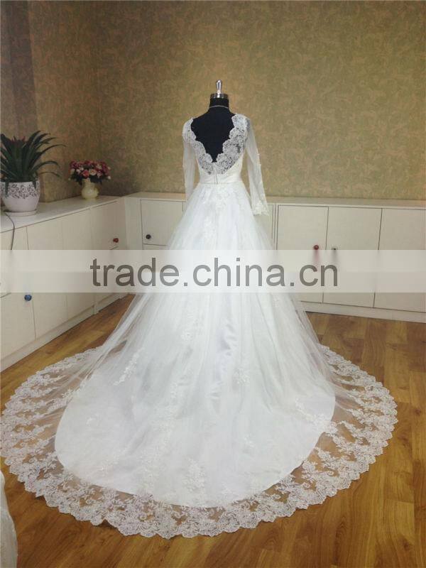elegant V neck long sleeve lace muslim wedding dress with crystal belt