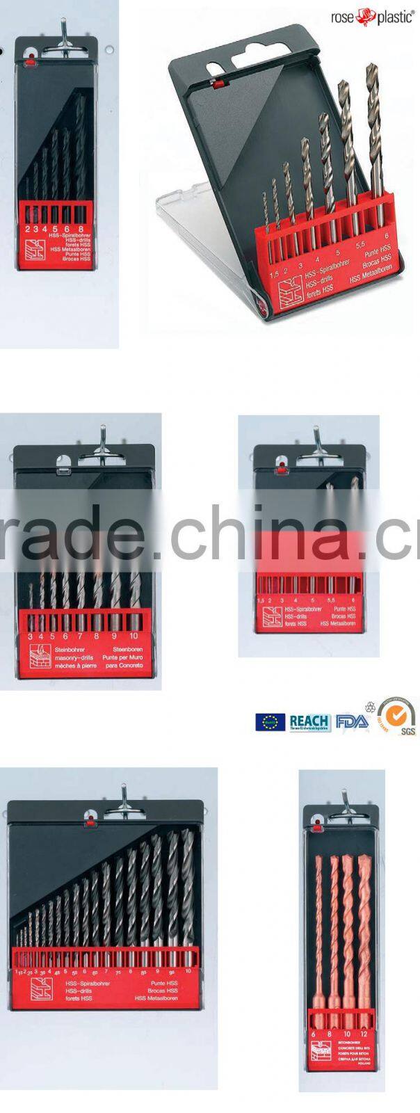 PP plastic round or rectangular packaging tubes for drills with hanging clip plug closure DIY pack