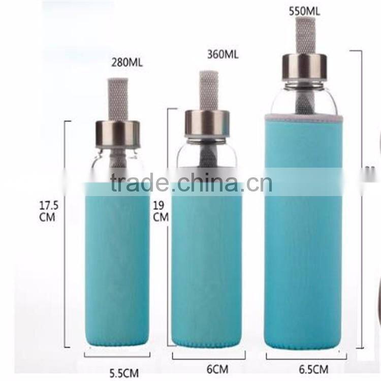 Top Level Quality Stylish Environmental Borosilicate Glass Water Bottle with Colorful Sleeve 280ml/360ml/550ml